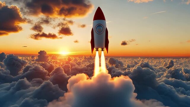Pixelated Rocket Launching Through Clouds At Sunset With Orange And Red Hues And Bright Sunlight