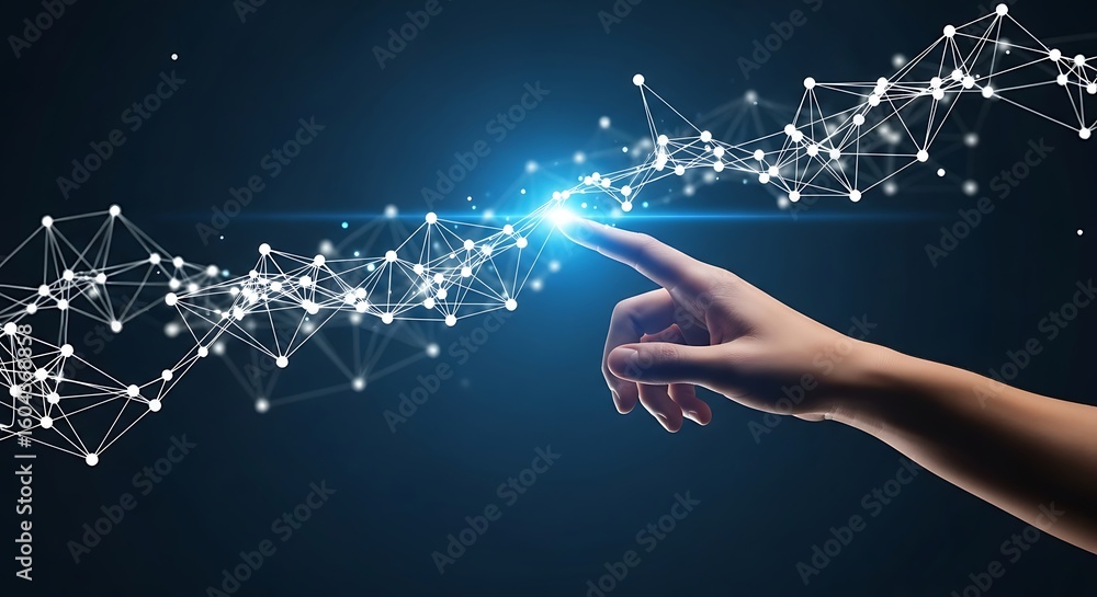 Poster hand touching digital network connection innovative technology abstract concept representing futuris