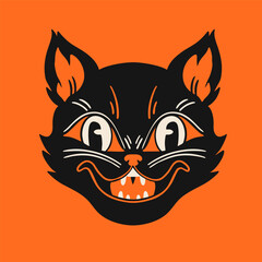 Halloween Cat portrait. Cute face, open mouth. Retro, vintage, traditional tattoo style. Hand drawn trendy Vector illustration. Isolated design element. Print, sticker, logo, icon, avatar template