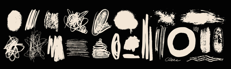 Ink, pencil pen, paint, crayon brush strokes. Grunge texture set. Different shapes, curly chaotic spiral strokes. Abstract doodle style. Hand drawn modern Vector illustration. Isolated design elements