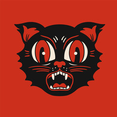 Halloween Cat portrait. Cute face, open mouth. Retro, vintage, traditional tattoo style. Hand drawn trendy Vector illustration. Isolated design element. Print, sticker, logo, icon, avatar template