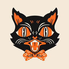 Halloween Cat portrait. Cute face, open mouth. Retro, vintage, traditional tattoo style. Hand drawn trendy Vector illustration. Isolated design element. Print, sticker, logo, icon, avatar template