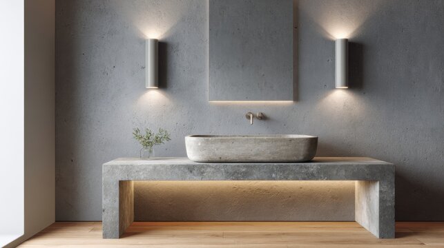 scandi rustic bathroom full view, rectangular stone sink, grey microcement wall, cylindrical wall lamp, oak floor, warm hidden light, earthy minimal mood