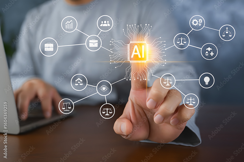 Poster ai integration in business and technology representing automation, innovation, and intelligent digit