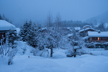 Snow-covered trees and wooden chalets in Chamonix, France, during a peaceful winter evening with...