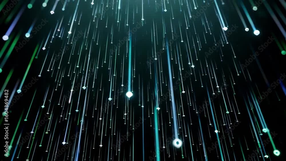 Poster an abstract representation of digital data streaming, with luminous lines and glowing particles agai