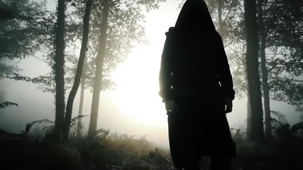 Mysterious figure in a dark cloak stands in a foggy forest at dawn, evoking intrigue and suspense