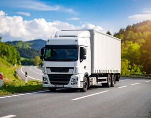 White truck on highway, sunny day, countryside