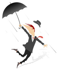 Man, umbrella, windy and rainy day. 
Man with umbrella staying on the strong wind. Isolated on white background
