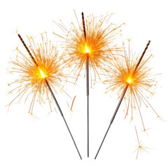 Fototapeta premium Three bright sparklers exploding with golden sparks isolated on transparent background