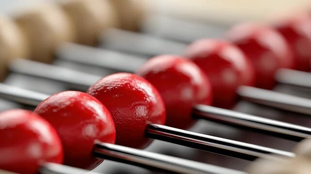 Exploring the vibrant colors and craftsmanship of a traditional abacus with red beads in a close-up view