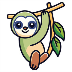 Cute Cartoon Sloth Hanging on a Tree Branch with Green Leaves
