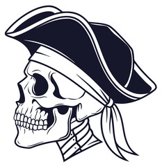human skull with pirate hat white and black