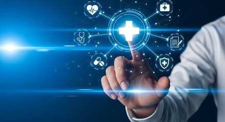 Innovative healthcare technology concept with a person touching a digital interface displaying medical icons and data connectivity for modern medicine