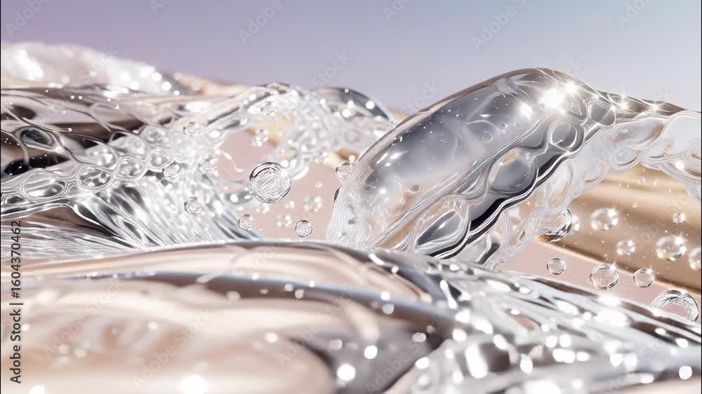 Poster transparent, flowing liquid forming a wave with bubbles on a gradient background, creating a visuall