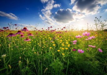 Obraz premium Vibrant Wildflower Meadow at Sunset - A breathtaking view of a diverse wildflower meadow bathed in the warm glow of the setting sun, showcasing a variety of colorful blooms and lush green grass