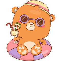 Cute Bear in Hat and Sunglasses on Inflatable Pool Ring
