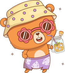 Cute Summer Beach Bear with Sunglasses with Drink