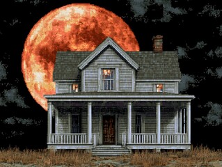 A spooky house stands under a large glowing red moon