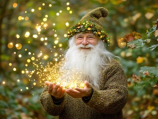A smiling bearded man wearing a hat and holding glowing sparks