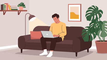 Modern home scene featuring person on brown sofa working on laptop, surrounded by plants, shelf, and framed artwork in cozy living room