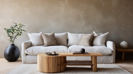 scandi rustic living room full view, light beige linen sofa, mocha plaster wall, low oak coffee table, wool rug, soft ambient lighting, minimal organic