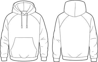 Blank hoodie vector template, front and back view, pullover sweatshirt mockup, fashion design sketch, apparel illustration for clothing brands