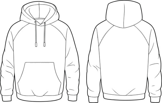Blank hoodie vector template, front and back view, pullover sweatshirt mockup, fashion design sketch, apparel illustration for clothing brands