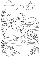 Coloring book buffalo and turtle playing in the pond.