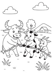 Coloring book buffalo family play on the farm.