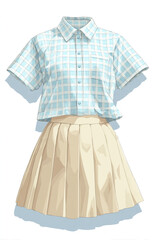 Obraz premium A short-sleeved plaid skirt and shirt set, with the top in a white color and a light blue checkered pattern. The bottom is a pleated design in beige. It has an anime-style.