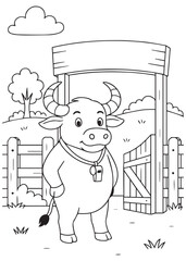 Coloring book buffalo standing at the farm gate.