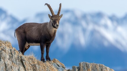 Ibex standing on a rocky summit against a backdrop of mountains.