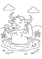 Coloring book buffalo taking a bath in a pond
