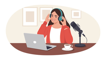 Podcast host recording with microphone and laptop at cozy desk setup, wearing headphones, ideal for broadcasting, vlogging, or media themes