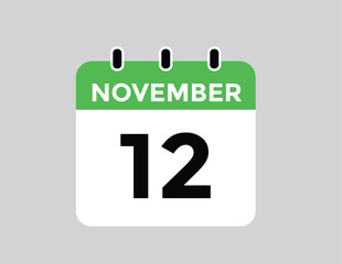 
12 November, calendar date icon. 12 November Calendar Date for Deadlines or Appointment. Day, month. vector illustration.
