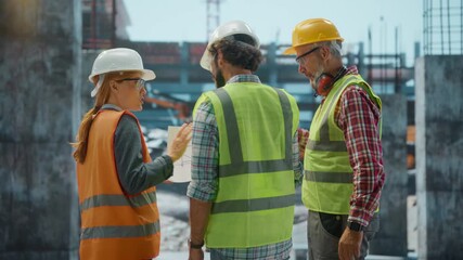 Engineers discussing blueprint on construction site - Powered by Adobe
