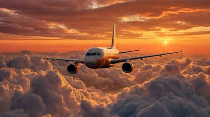 Airplane flying through dramatic sunset clouds
