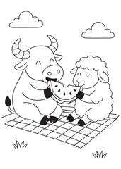 Coloring book buffalo and sheep eating watermelon picnic.