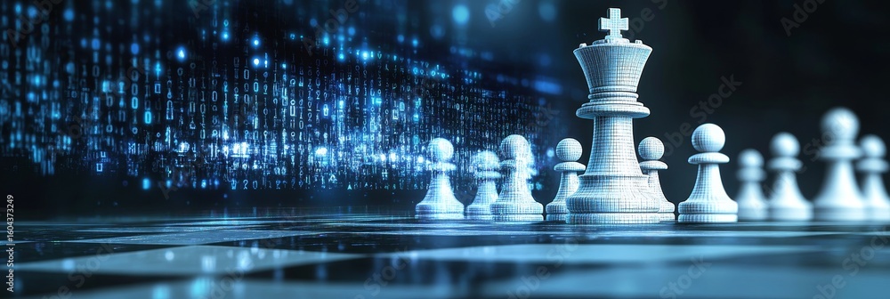 Poster strategic chess game with binary data flow concept and financial big data analyzing on chessboard
