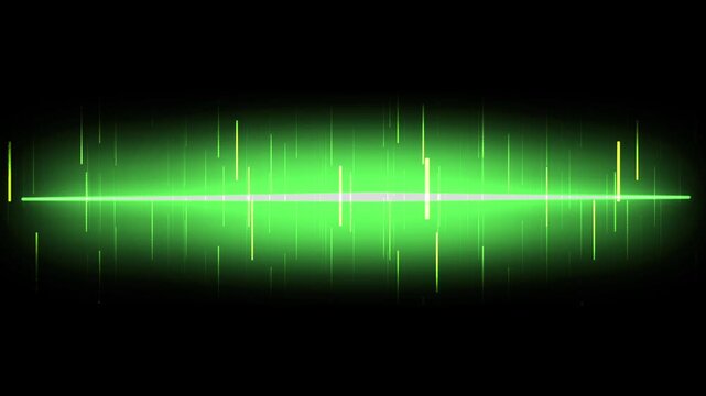 Vibrant green audio equalizer pulsing on a dark background. Perfect for music visualization, podcast intros, tech, and digital content. Dynamic sound wave.
