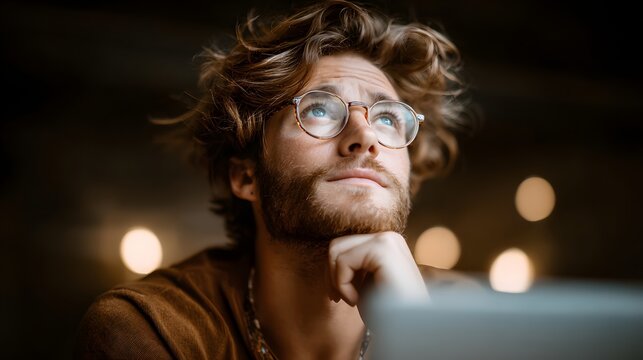 A man with curly hair and glasses sits in a dimly lit room deeply immersed in thought and as he works on his laptop computer suggesting a creative analytical and determined mindset