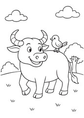 Coloring book buffalo walking with a bird on its back.