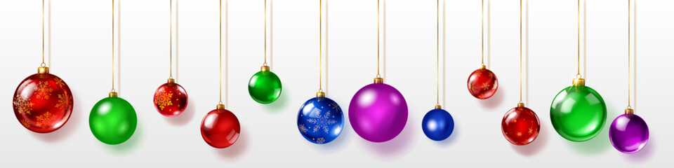 Set of colorful Christmas ornaments, hanging on golden ribbons, smooth and decorated with intricate patterns of snowflakes. The balls have soft shadows and are set against a white background.
