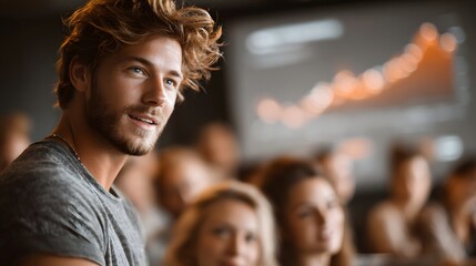 Obraz premium A young casually dressed man with curly hair appears to be enjoying himself amidst an enthusiastic crowd at an energetic event or performance with the stage and lighting visible in the background