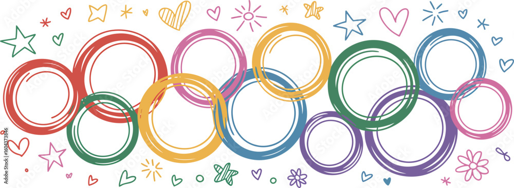 Poster a colorful doodle featuring overlapping circles with stars and hearts on a light background art desi