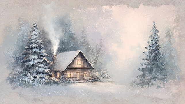 A cozy winter postcard, warm glowing lights, a small wooden house covered in snow, smoke from the chimney, fir trees with soft snow, vintage postcard style, muted pastel colors, soft watercolor textur