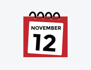 
12 November, calendar date icon. 12 November Calendar Date for Deadlines or Appointment. Day, month. vector illustration.
