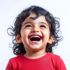 A delighted young child with dark curly hair looking upwards
