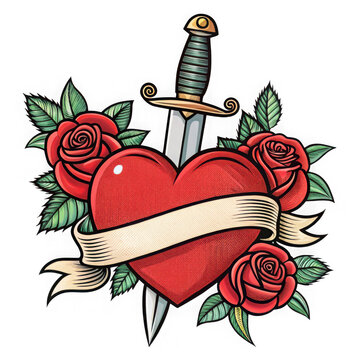 Classic tattoo design of a red heart pierced by a dagger surrounded by roses isolated on transparent background